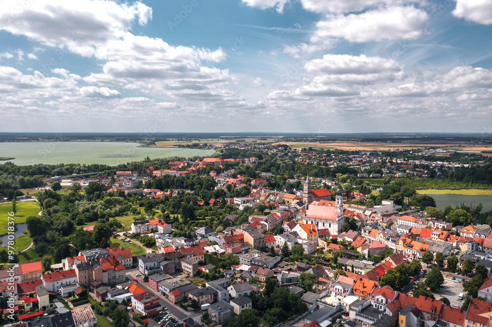 Summer aerial skyline cityscape of Wolsztyn, Greater Poland (Wielkopolska). Wide panoramic view of the sunny old town