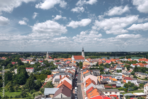 Obraz na płótnie Summer aerial skyline cityscape of Wolsztyn, Greater Poland (Wielkopolska). Wide panoramic view of the sunny old town w salonie