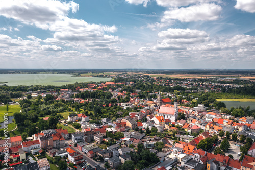 Obraz na płótnie Summer aerial skyline cityscape of Wolsztyn, Greater Poland (Wielkopolska). Wide panoramic view of the sunny old town w salonie