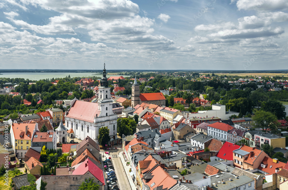 Summer aerial skyline cityscape of Wolsztyn, Greater Poland (Wielkopolska), Poland. Wide panoramic view of the sunny old town