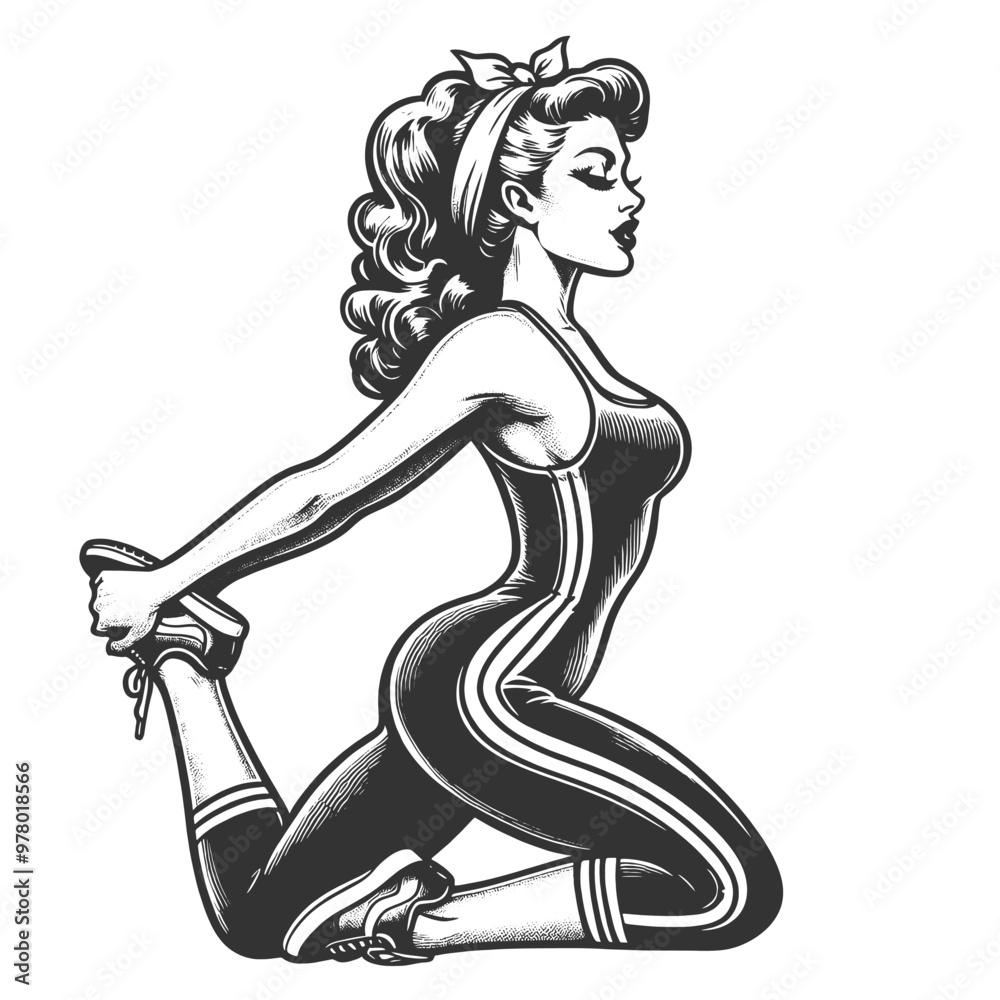 woman doing yoga stretching in workout clothing, pin-up style with fitness, sketch engraving generative ai fictional character vector illustration. Scratch board imitation. Black and white image. woman doing yoga stretching in workout clothing, pin-up style with fitness, sketch engraving generative ai fictional character vector illustration. Scratch board imitation. Black and white image.
