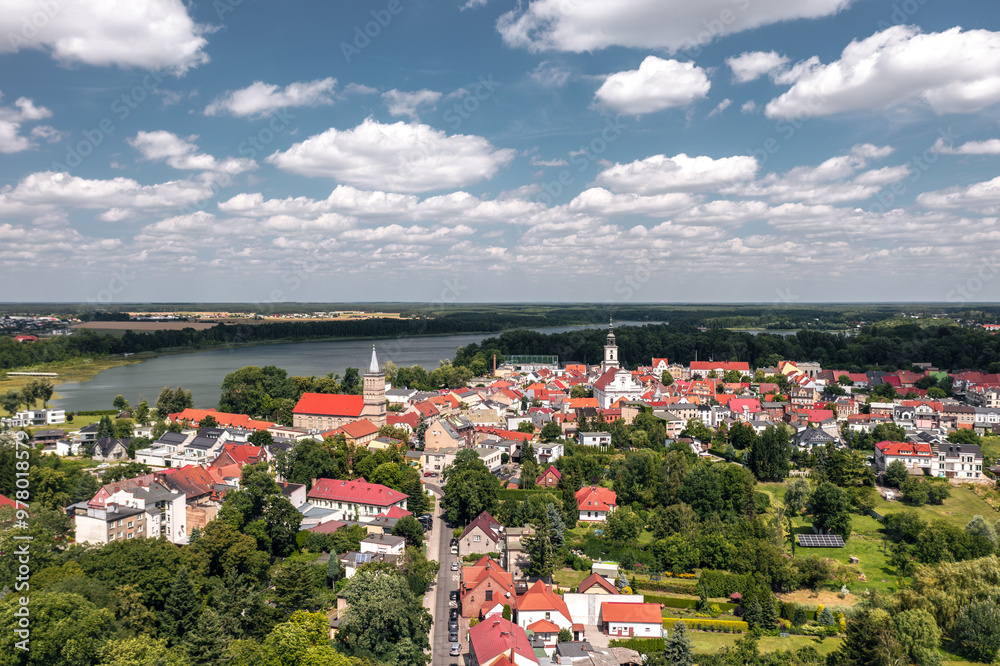 Summer aerial skyline cityscape of Wolsztyn, Greater Poland (Wielkopolska). Wide panoramic view of the sunny old town