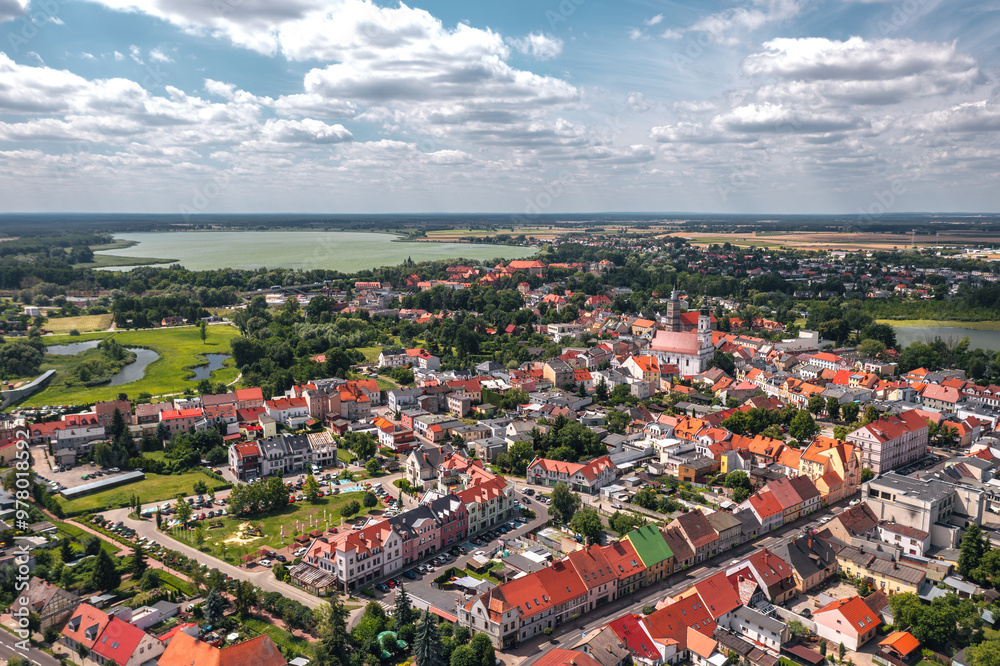 Summer aerial skyline cityscape of Wolsztyn, Greater Poland (Wielkopolska). Wide panorama of the sunny old town