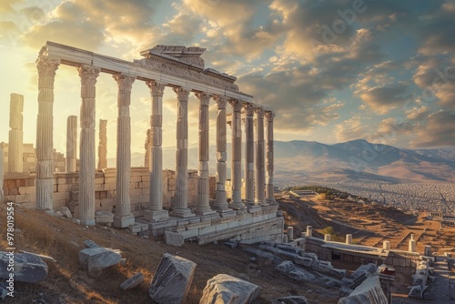 Ancient columns rise amidst sunlit mountains and ruins photo