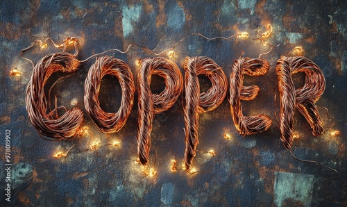 Copper word formed with glowing copper wires on rusted surface photo