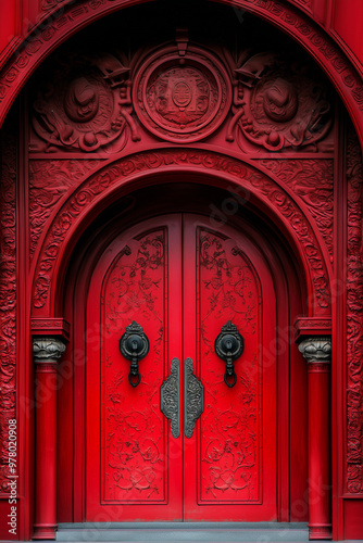  An ornate red arched double door with intricate carvings photo