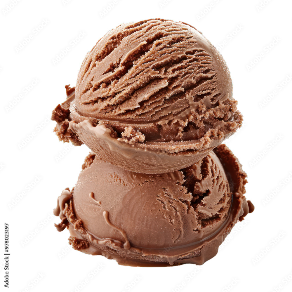 Two scoops of rich chocolate ice cream melting slowly, isolated on a white background Two scoops of rich chocolate ice cream melting slowly, isolated on a white background