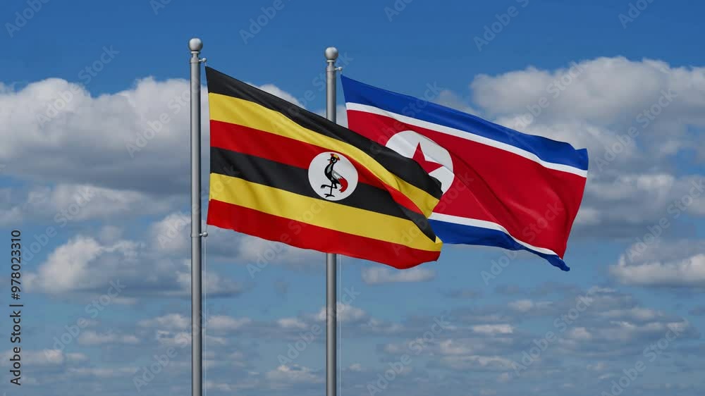 North Korea and Uganda flags flying together, video concept of the relationship North Korea and Uganda flags flying together, video concept of the relationship