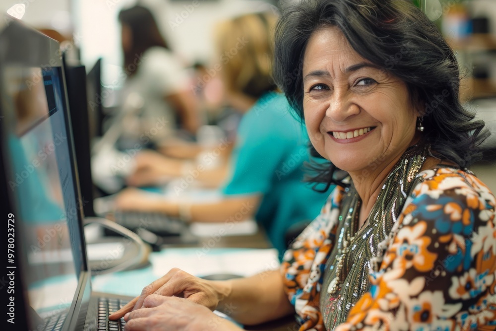 elegant latin woman of 40 years old typing on your computer keyboard and smiling in office elegant latin woman of 40 years old typing on your computer keyboard and smiling in office