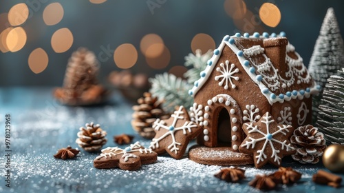 Festive Christmas baking scene featuring cookies, gingerbread house, and cheerful decorations bokeh banner copy space photo