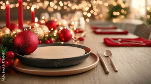 A table set for a christmas dinner with decorations and candles, AI