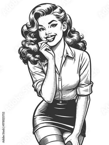 Playful smiling beautiful young woman flirty biting her little finger sketch engraving generative ai fictional character vector illustration. Scratch board imitation. Black and white image.