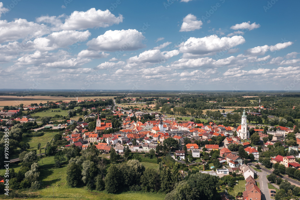 Summer aerial skyline cityscape of Nowe Miasteczko, Nowa Sól County, Lubusz (lubuskie). Wide panoramic view of the old town and market square (Rynek)