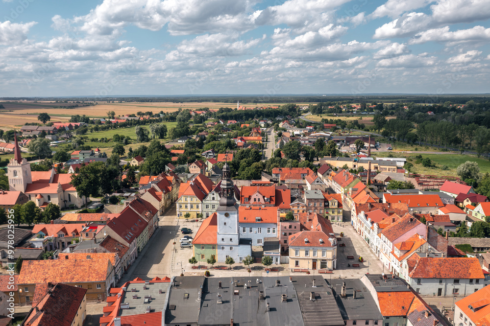 Summer aerial skyline cityscape of Nowe Miasteczko, Nowa Sól County, Lubusz (lubuskie). Wide panoramic view of the old town and market square (Rynek)