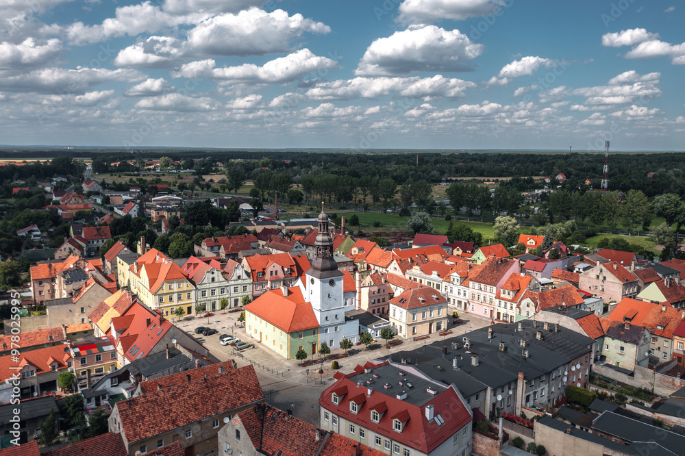 Summer aerial skyline cityscape of Nowe Miasteczko, Nowa Sól County, Lubusz (lubuskie). Wide panoramic view of the old town and market square (Rynek)