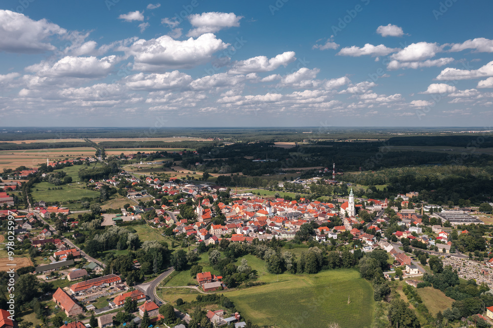 Summer aerial skyline cityscape of Nowe Miasteczko, Nowa Sól County, Lubusz (lubuskie). Wide panoramic view of the old town and market square (Rynek)