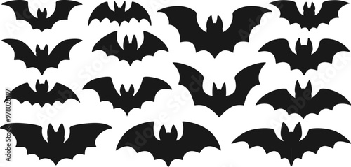 Halloween bats silhouettes collection in various flying poses, for Halloween themed design. Simple black bat shapes on white background.