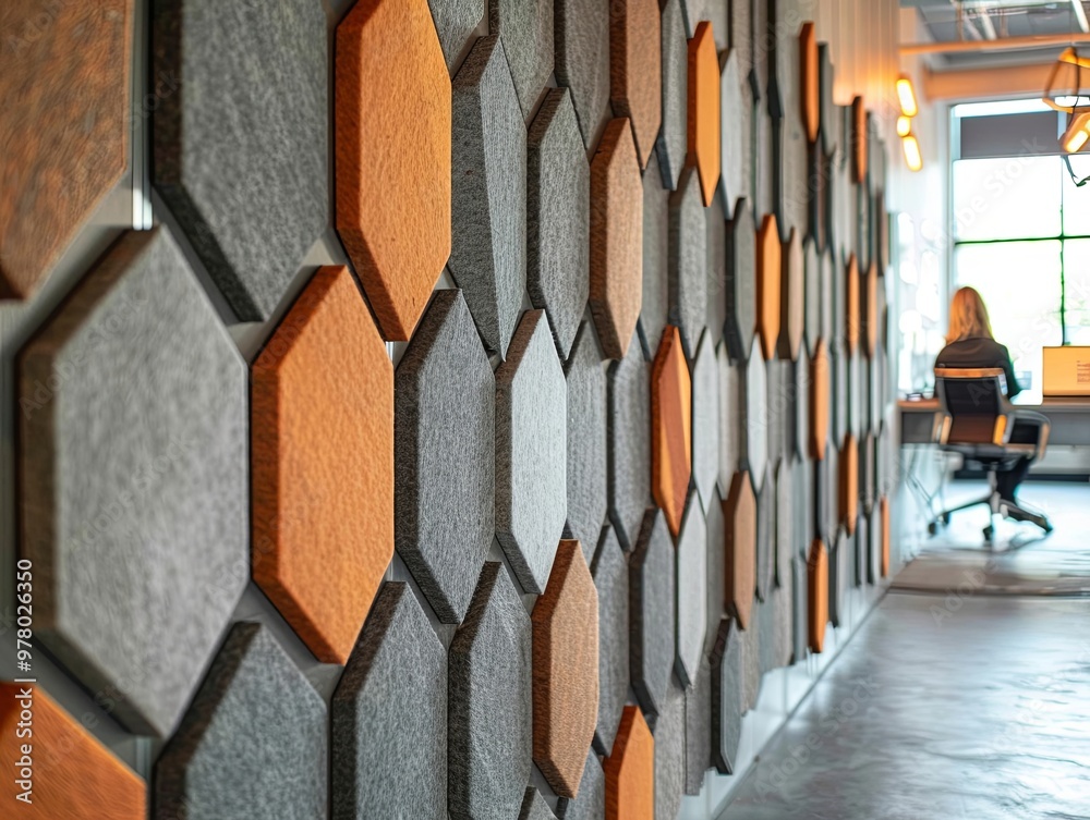 Fototapeta premium Hexagon felt acoustic panels, modern interior design, soundproofing decor, geometric wall decoration, stylish felt panels for home, acoustic treatment panels