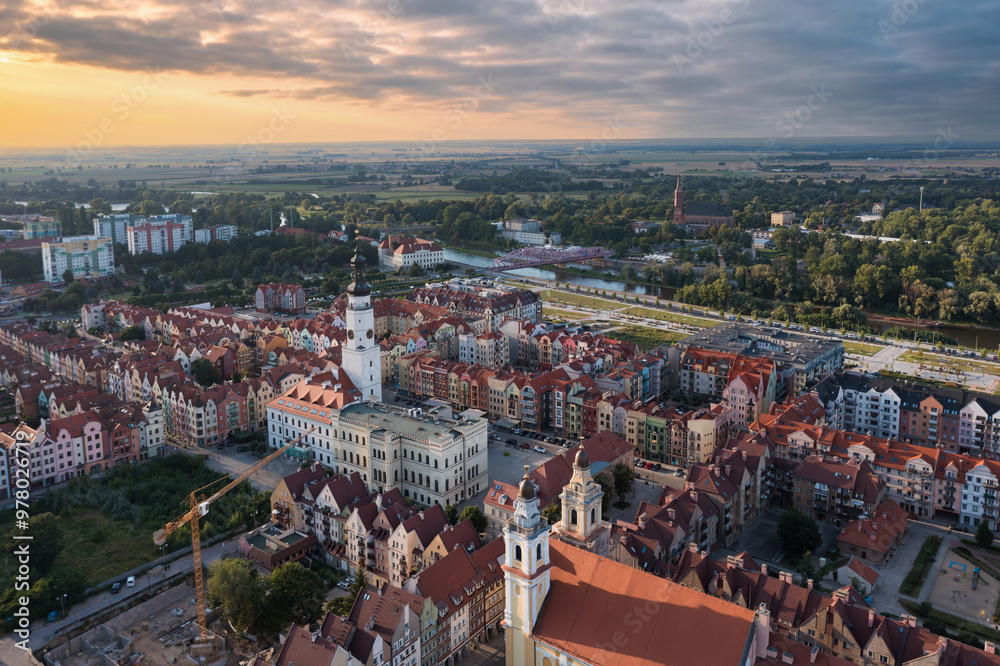 Summer aerial skyline cityscape of Głogów, Lower Silesia (Dolny Śląsk), Poland. Wide panoramic view of the old town at sunset