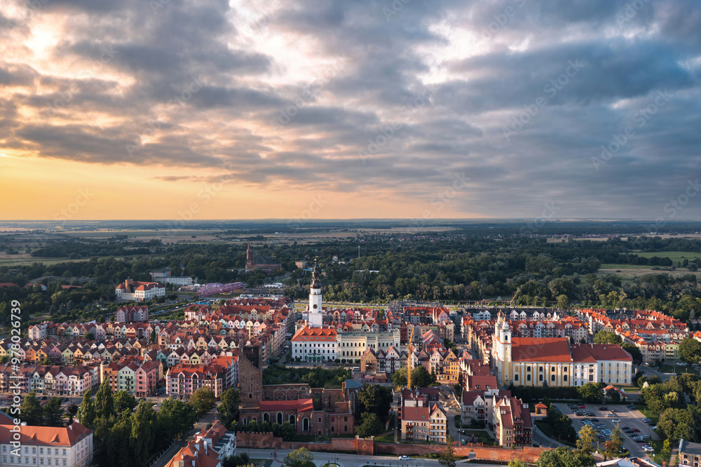 Summer aerial skyline cityscape of Głogów, Lower Silesia (Dolny Śląsk), Poland. Wide panoramic view of the old town at sunset