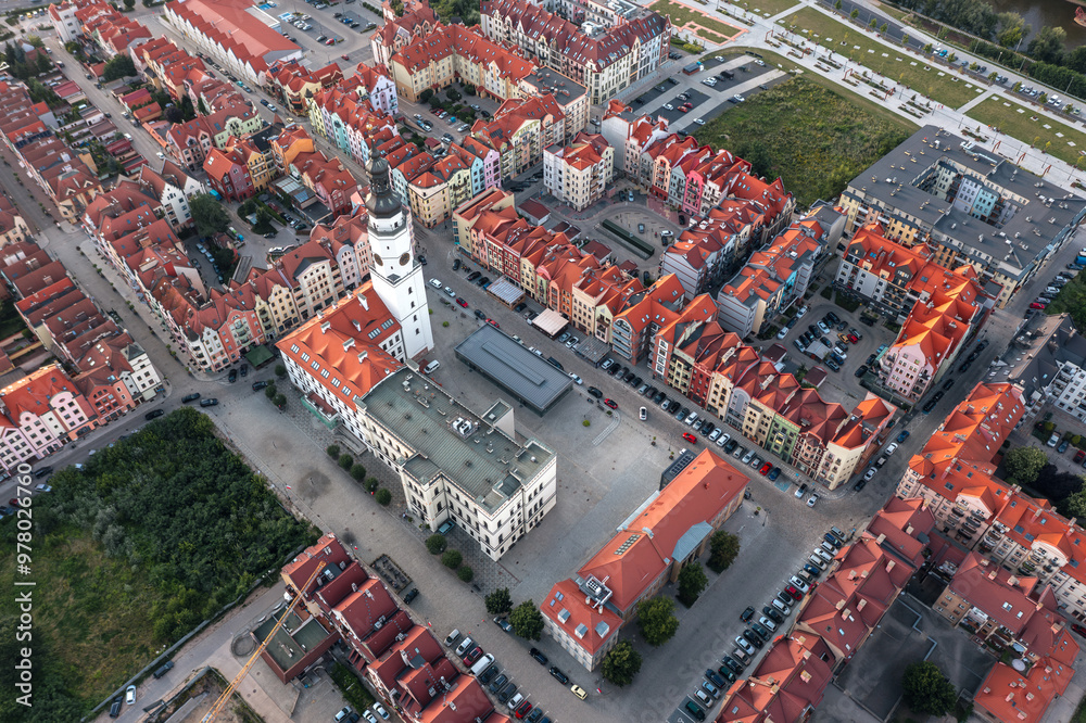 Summer aerial skyline cityscape of Głogów, Lower Silesia (Dolny Śląsk). Wide panoramic view of the old town at sunset
