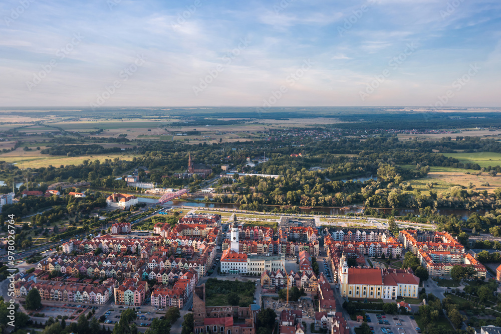 Summer aerial skyline cityscape of Głogów, Lower Silesia (Dolny Śląsk). Wide panoramic view of the old town at sunset