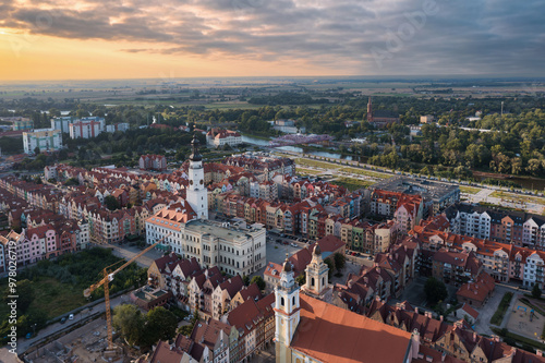 Summer aerial skyline cityscape of Głogów, Lower Silesia (Dolny Śląsk), Poland. Wide panoramic view of the old town at sunset