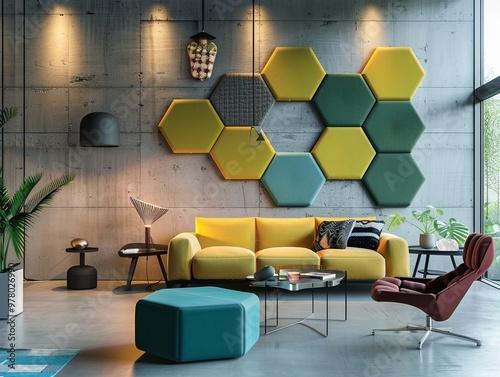 Hexagon felt acoustic panels, modern interior design, soundproofing decor, geometric wall decoration, stylish felt panels for home, acoustic treatment panels photo