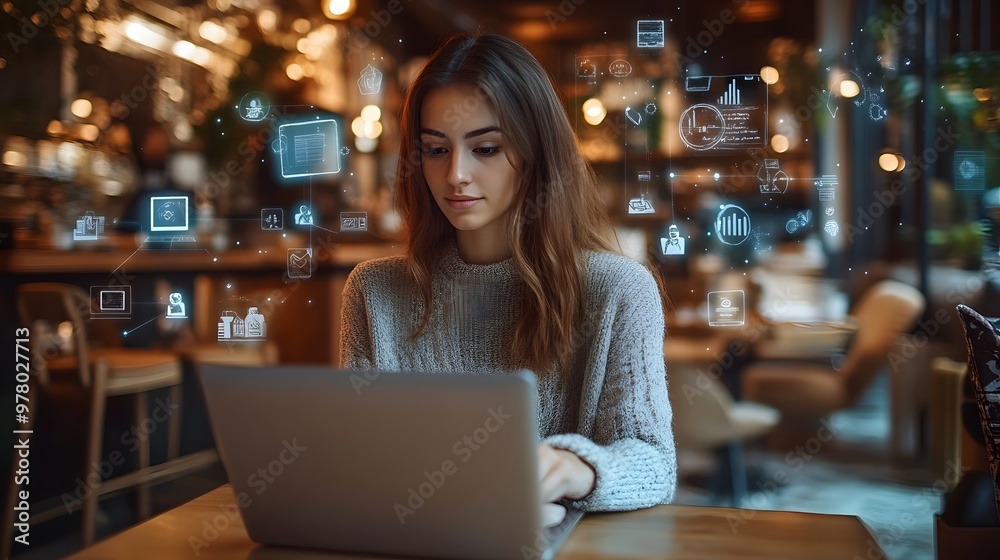 Woman working on a laptop in a cozy café with floating digital icons representing AI and technology