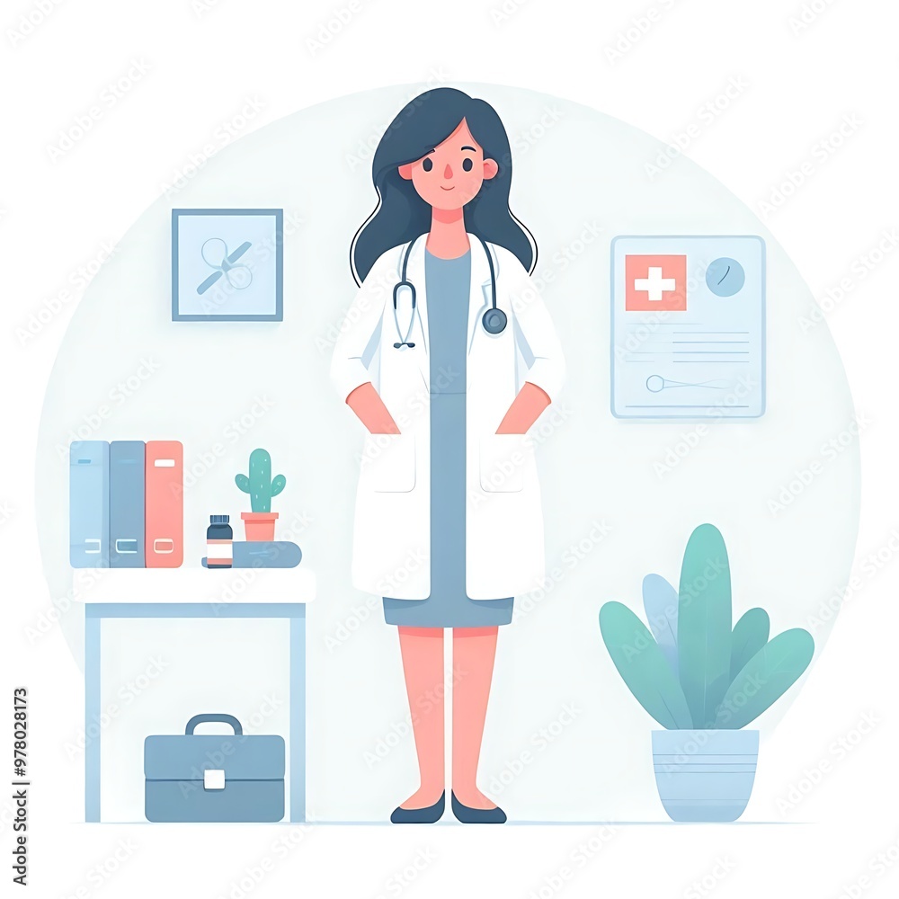 A flat-style illustration of a doctor standing confidently in medical attire. Perfect for healthcare, medical services, and wellness content. Clean, minimalistic design with a professional look. A flat-style illustration of a doctor standing confidently in medical attire. Perfect for healthcare, medical services, and wellness content. Clean, minimalistic design with a professional look.