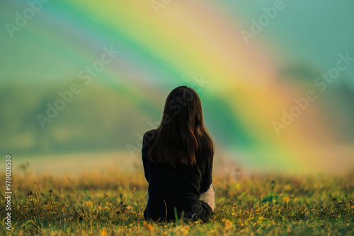 Woman with long brown hair sitting on grass with rainbow in peaceful nature scene