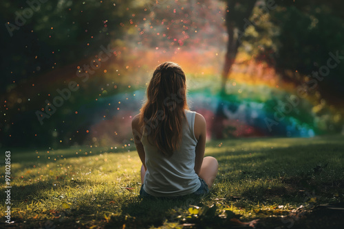 Woman with long brown hair sitting on grass with rainbow and bokeh lights in peaceful nature scene