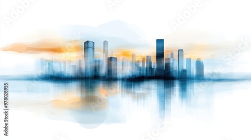 A city skyline with water and clouds in the background, AI