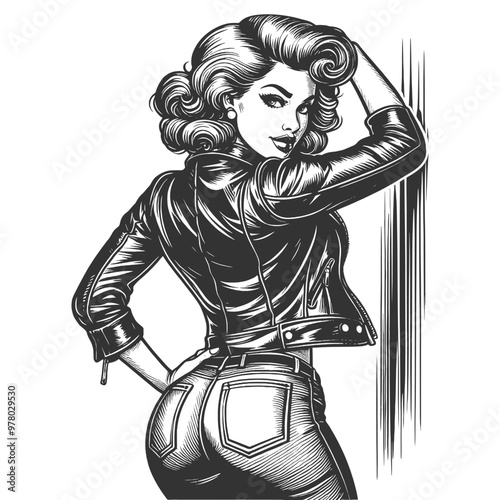 pin-up woman in leather jacket and tight pants, stylish retro look with attitude sketch engraving generative ai fictional character vector illustration. Scratch board imitation. Black and white image