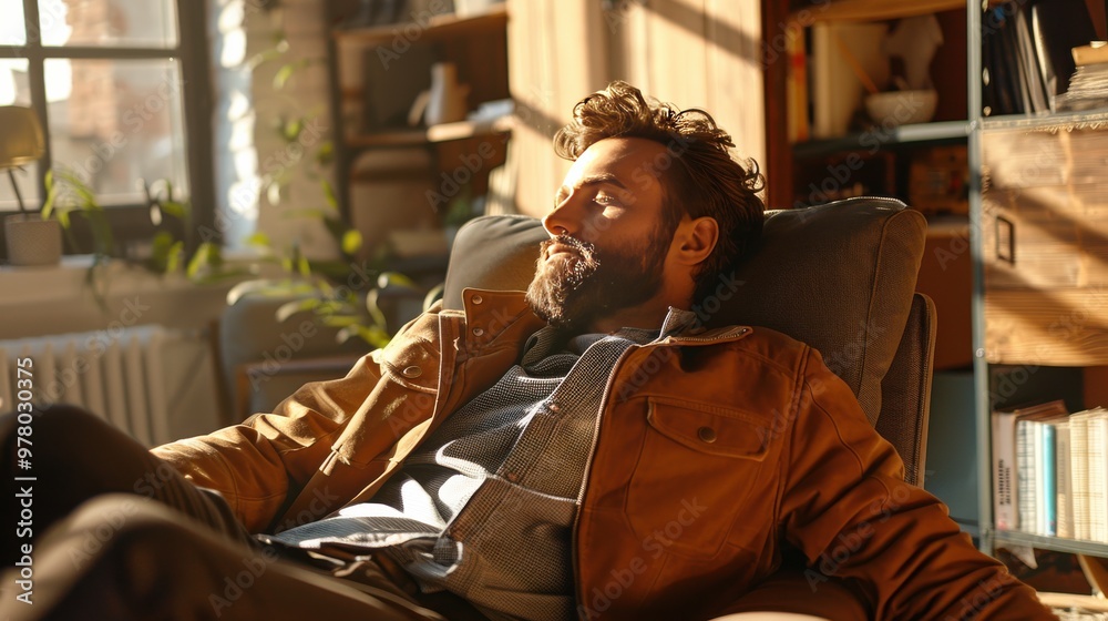A man relaxing in a cozy chair during afternoon sunlight A man relaxing in a cozy chair during afternoon sunlight