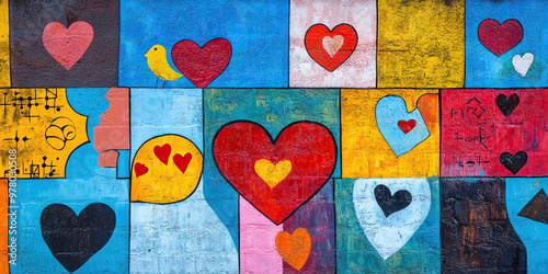 Language of Love: A colorful mural featuring different languages and symbols of love. photo