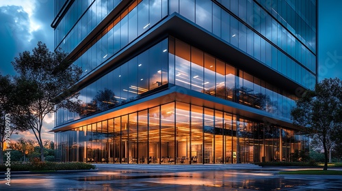 Contemporary glass front office building architectural design wallpaper