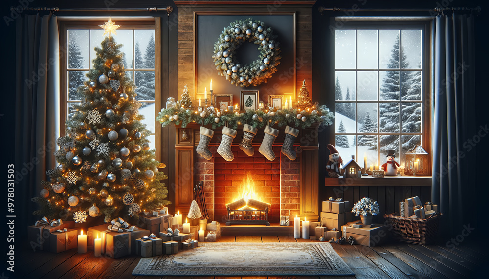 Obraz premium Inviting Christmas scene with tree, fireplace warmth, and snowy view.