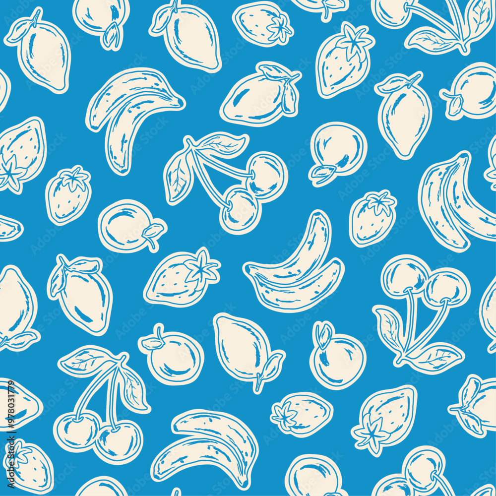 Fototapeta premium Picnic fruits seamless pattern, summer, vacation, cherry, lemon, orange, watermelon, pineapple, banana, strawberries vector hand draw, background, print, textile, fashion, fabric, wallpaper