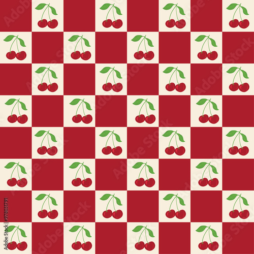 Picnic fruits seamless pattern, summer, vacation, cherry, checkered, vector hand draw, background, print, textile, fashion, fabric, wallpaper