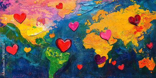 The Color of Love: A vibrant painting of the world, with hearts dotting the landscape.