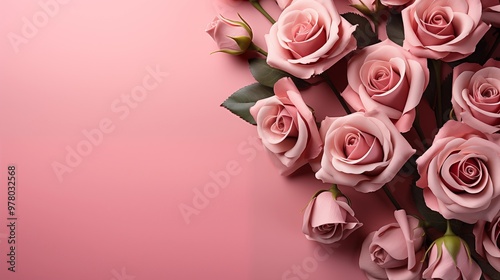 Greeting background with freshly pink roses flowerson a pink background . Festive banner for birthday. Flat lay, top view. Copy space. Mock up.