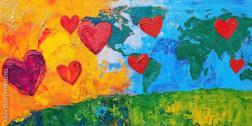 The Color of Love: A vibrant painting of the world, with hearts dotting the landscape.