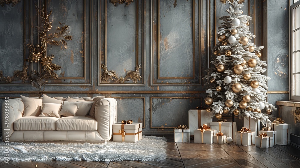 Obraz premium Elegant home interior featuring a festive Christmas tree adorned with white and gold decorations banner empty space for design