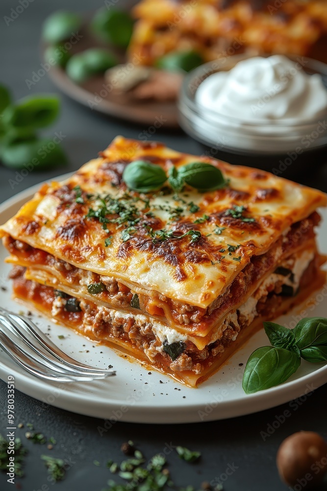Delicious Meat and Vegetable Lasagna on White Plates with Sour Cream and Fresh Basil Delicious Meat and Vegetable Lasagna on White Plates with Sour Cream and Fresh Basil