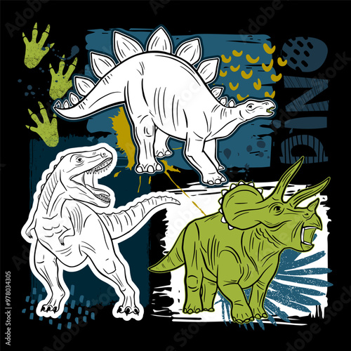 Illustration for t-shirts with colourful hand drawing dinosaurs. Print design for boy on black background, Grunge style