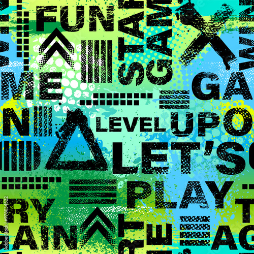 Seamless abstract pattern on game style. Background for boys with words