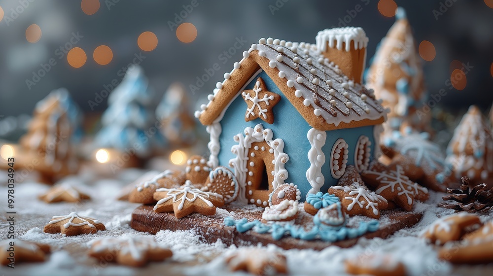 Fototapeta premium Festive Christmas baking scene featuring cookies, gingerbread house, and holiday decorations bokeh banner copy space