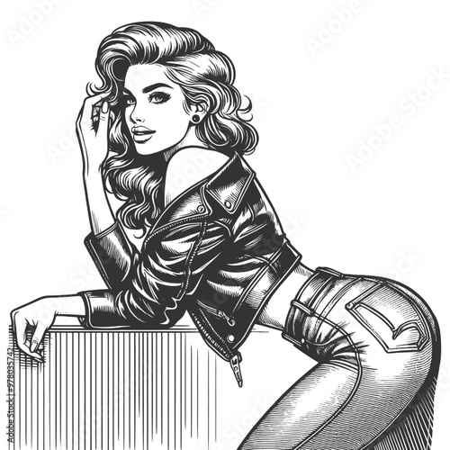 pin-up woman in leather jacket and jeans, leaning in alluring pose, sketch engraving generative ai fictional character vector illustration. Scratch board imitation. Black and white image.