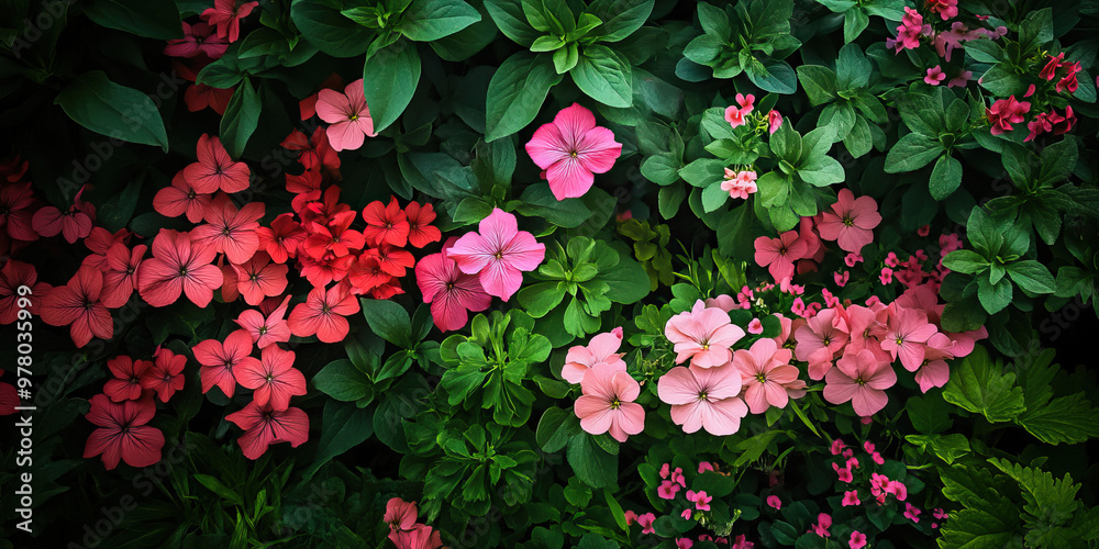 Secret Garden of Hearts: A lush, green garden filled with pink and red flowers, symbolizing love in every bloom.